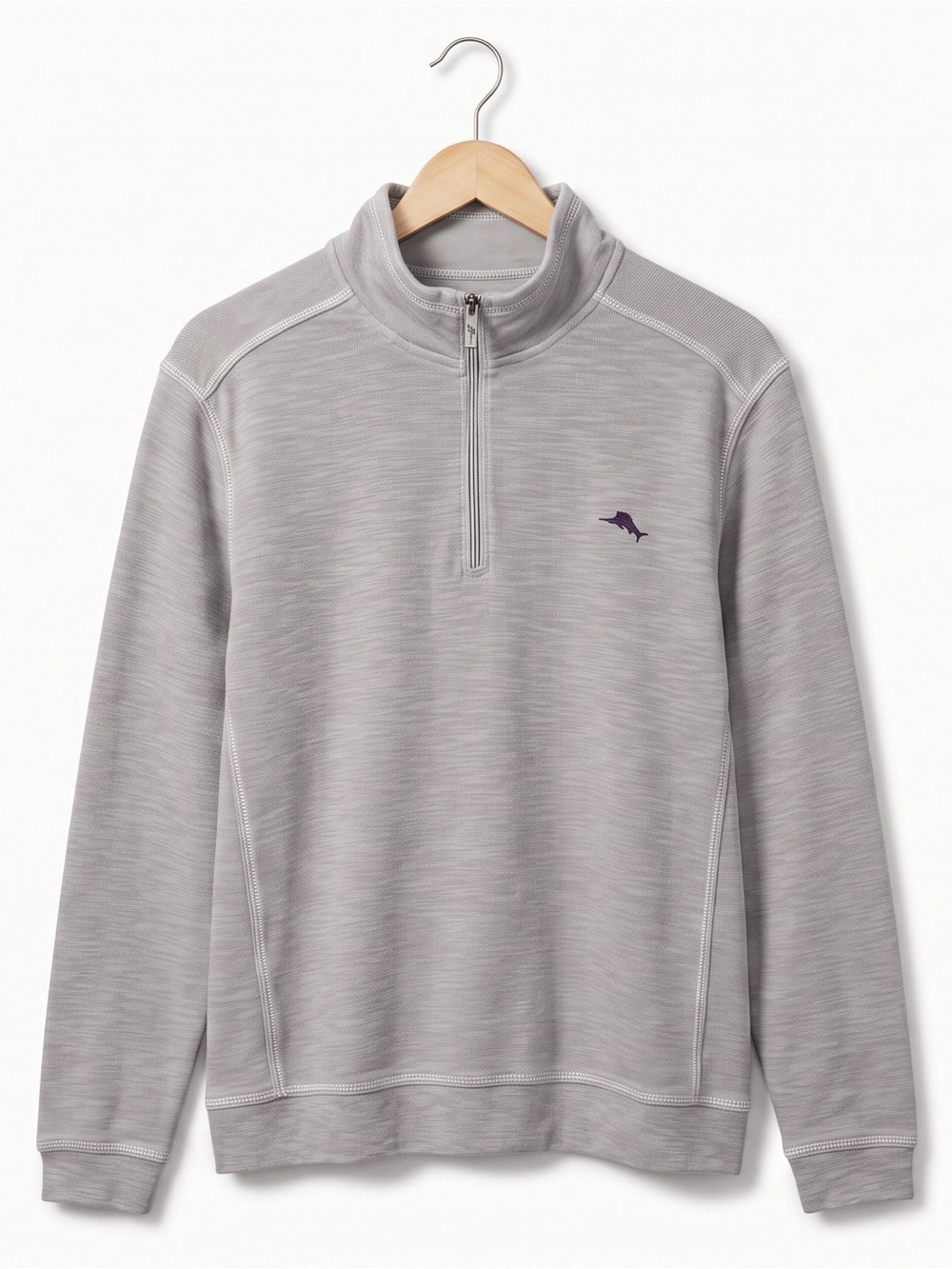 Tommy Bahama Men’s Gray Quarter-Zip Sweater Shirt with Purple Logo NWOT